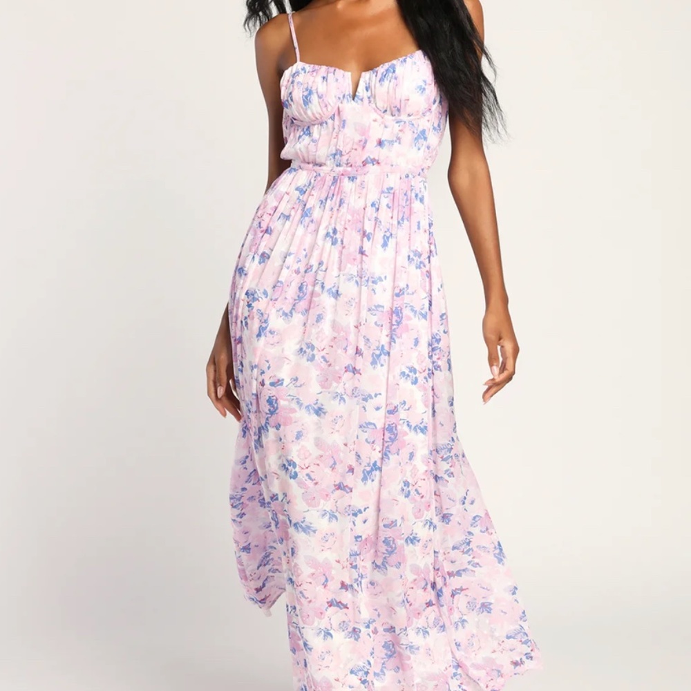 Lulu's Total Darling Pink Multi Floral Print Notched Bustier Maxi Dress